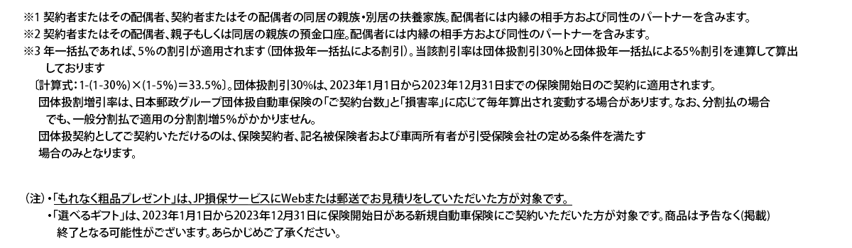 ※1 契約者またはその配偶者、契約者またはその配偶者の同居の親族・別居の扶養家族。配偶者には内縁の相手方および同性のパートナーを含みます。
※2 契約者またはその配偶者、親子もしくは同居の親族の預金口座。配偶者には内縁の相手方および同性のパートナーを含みます。
※3 年一括払であれば、5％の割引が適用されます（団体扱年一括払による割引）。当該割引率は団体扱割引30％と団体扱年一括払による5％割引を連算して算出し
ております〔計算式：1-(1-30％)×(1-5％)＝33.5％〕。団体扱割引30%は、2023年1月1日から2023年12月31日までの保険開始日のご契約に適用されます。
団体扱割増引率は、日本郵政グループ団体扱自動車保険の「ご契約台数」と「損害率」に応じて毎年算出され変動する場合があります。なお、分割払の場合で
も、一般分割払で適用の分割割増5％がかかりません。
団体扱契約としてご契約いただけるのは、保険契約者、記名被保険者および車両所有者が引受保険会社の定める条件を満たす場合のみとなります。（注）・「もれなく粗品プレゼント」は、JP損保サービスにWebまたは郵送でお見積りをしていただいた方が対象です。
・「選べるギフト」は、2023年1月1日から2023年12月31日に保険開始日がある新規自動車保険にご契約いただいた方が対象です。商品は予告なく(掲載)終了
となる可能性がございます。あらかじめご了承ください。